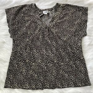 Sag Harbor Blouse Womens Sz L Flutter Sleeve Black Brown Ribbed Stretch Textured